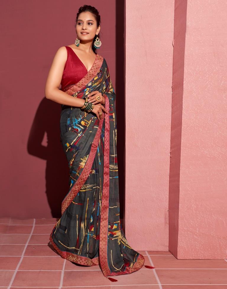 Dark Grey Chiffon Printed Saree