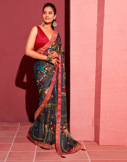 Dark Grey Chiffon Printed Saree