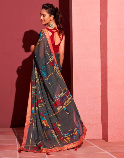 Dark Grey Chiffon Printed Saree
