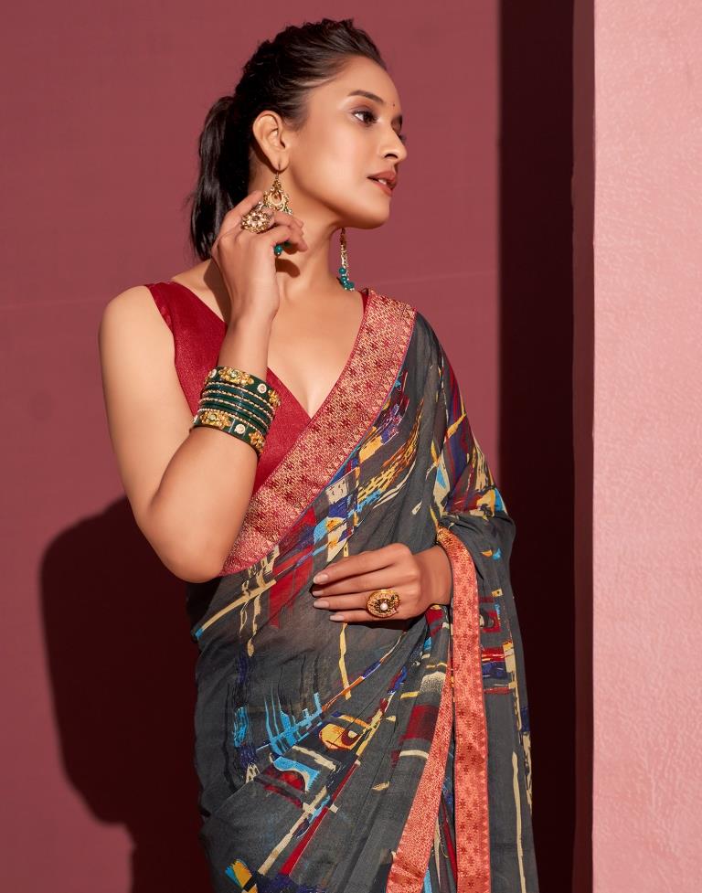 Dark Grey Chiffon Printed Saree