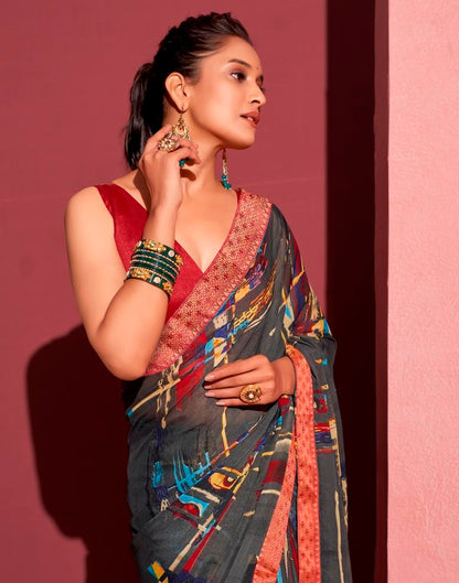 Dark Grey Chiffon Printed Saree