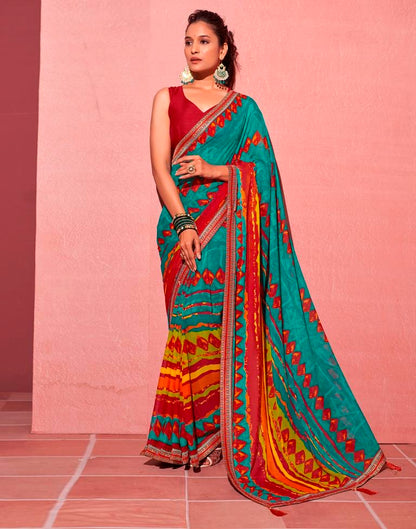 Teal Blue Chiffon Printed Saree