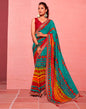 Teal Blue Chiffon Printed Saree