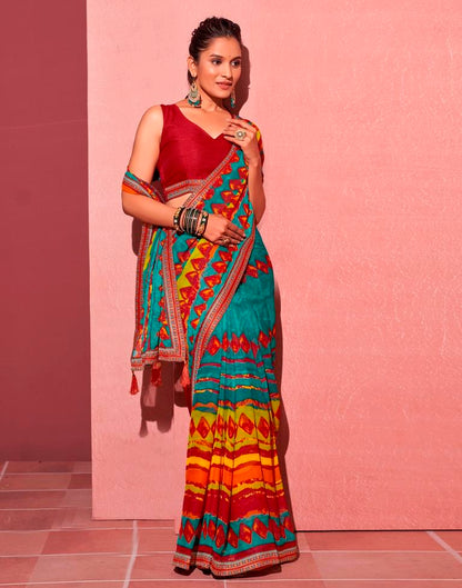 Teal Blue Chiffon Printed Saree