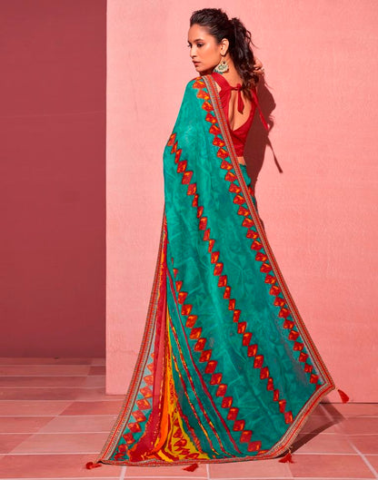 Teal Blue Chiffon Printed Saree