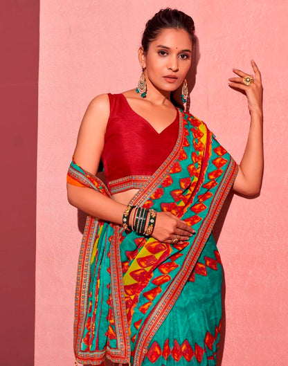 Teal Blue Chiffon Printed Saree
