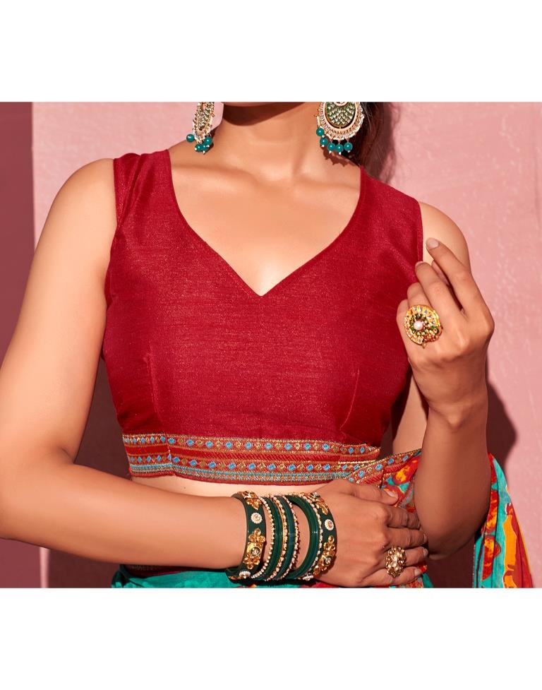 Teal Blue Chiffon Printed Saree