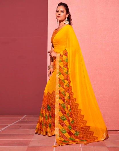 Yellow Chiffon Bandhani Saree