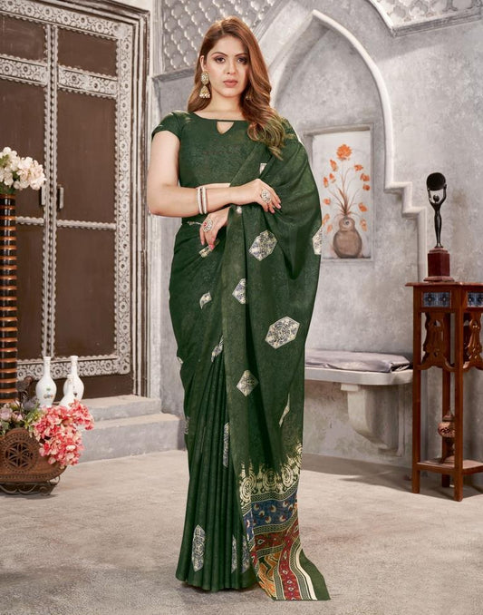 Dark Green Georgette Printed  Saree