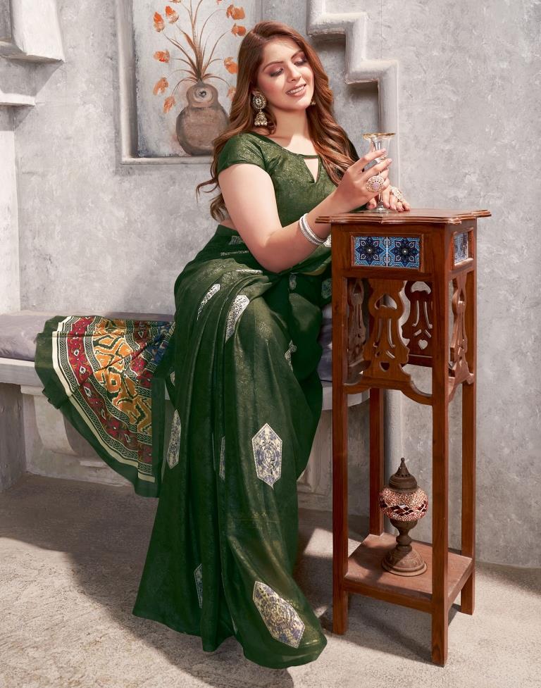 Dark Green Georgette Printed  Saree