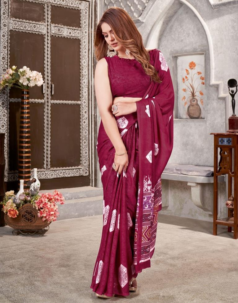 Dark Red Georgette Printed  Saree
