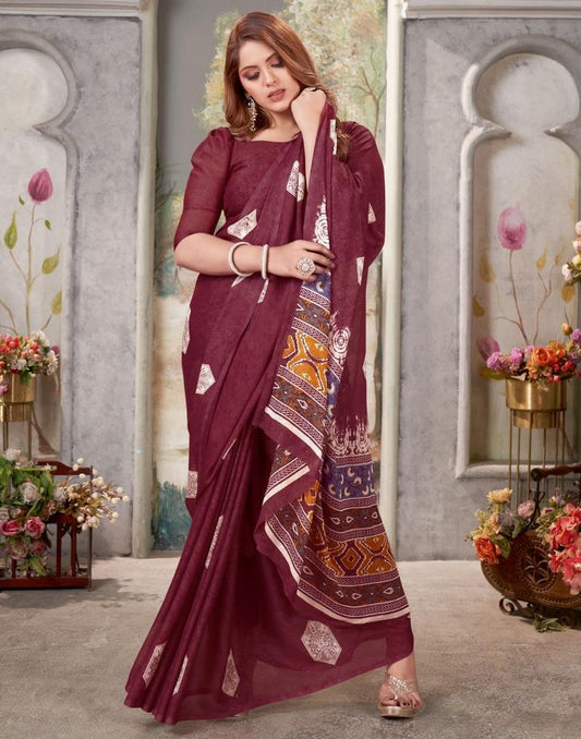 Maroon Georgette Printed  Saree