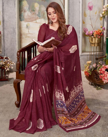 Maroon Georgette Printed  Saree
