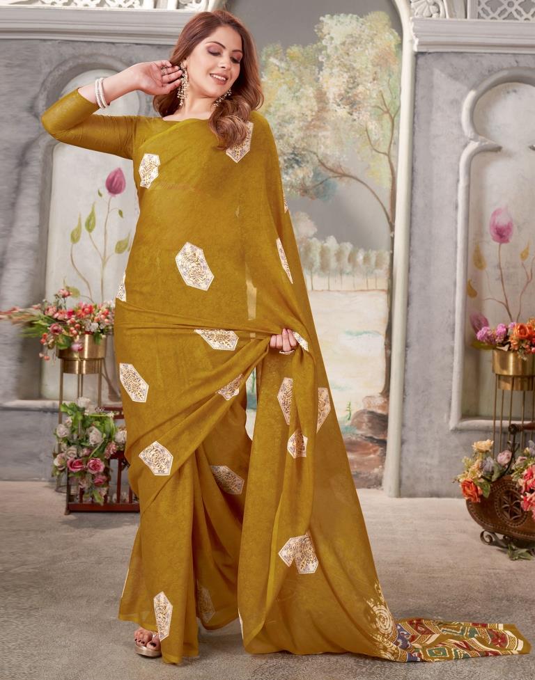 Mustard Georgette Printed  Saree