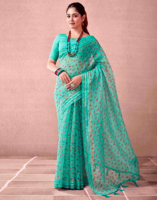 Turquoise Cotton Printed  Saree