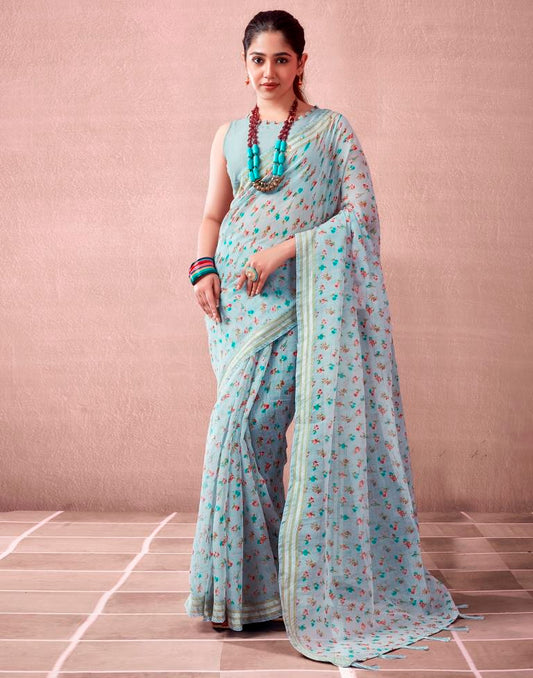 Grey & Multicoloured Cotton Printed  Saree
