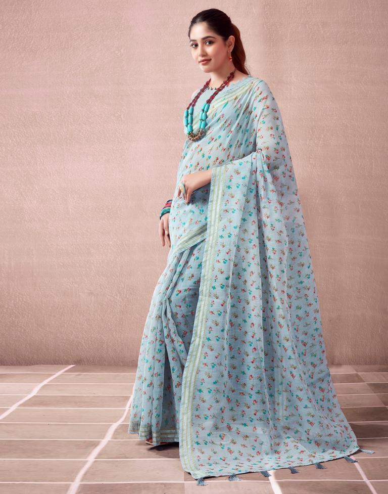 Grey & Multicoloured Cotton Printed  Saree