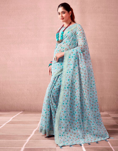 Grey & Multicoloured Cotton Printed  Saree