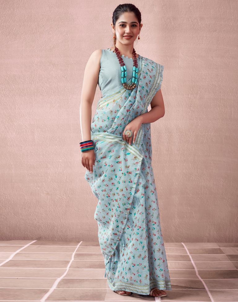 Grey & Multicoloured Cotton Printed  Saree