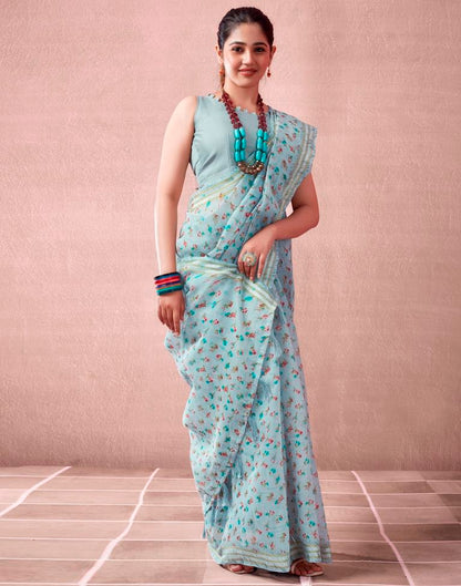 Grey & Multicoloured Cotton Printed  Saree