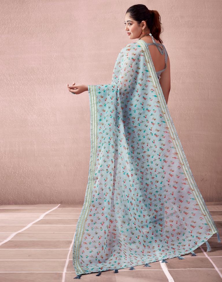 Grey & Multicoloured Cotton Printed  Saree