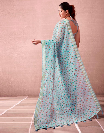 Grey & Multicoloured Cotton Printed  Saree