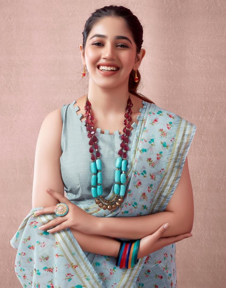 Grey & Multicoloured Cotton Printed  Saree