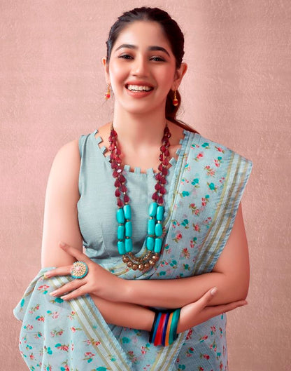 Grey & Multicoloured Cotton Printed  Saree