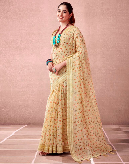 Beige Cotton Printed  Saree