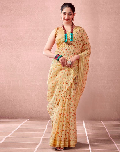 Beige Cotton Printed  Saree