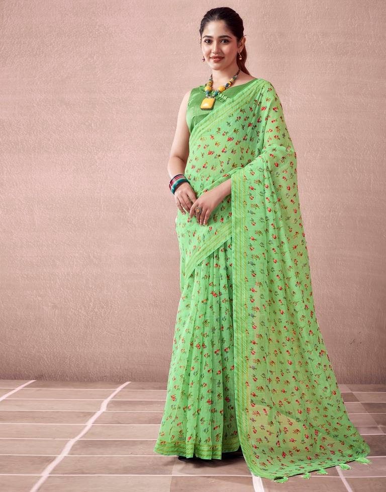 Light Green Cotton Printed  Saree