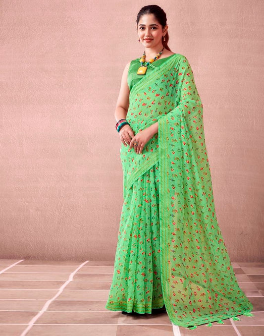 Light Green Cotton Printed  Saree