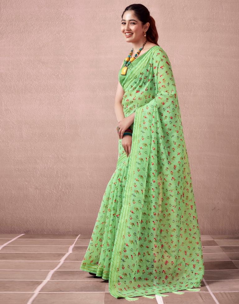 Light Green Cotton Printed  Saree