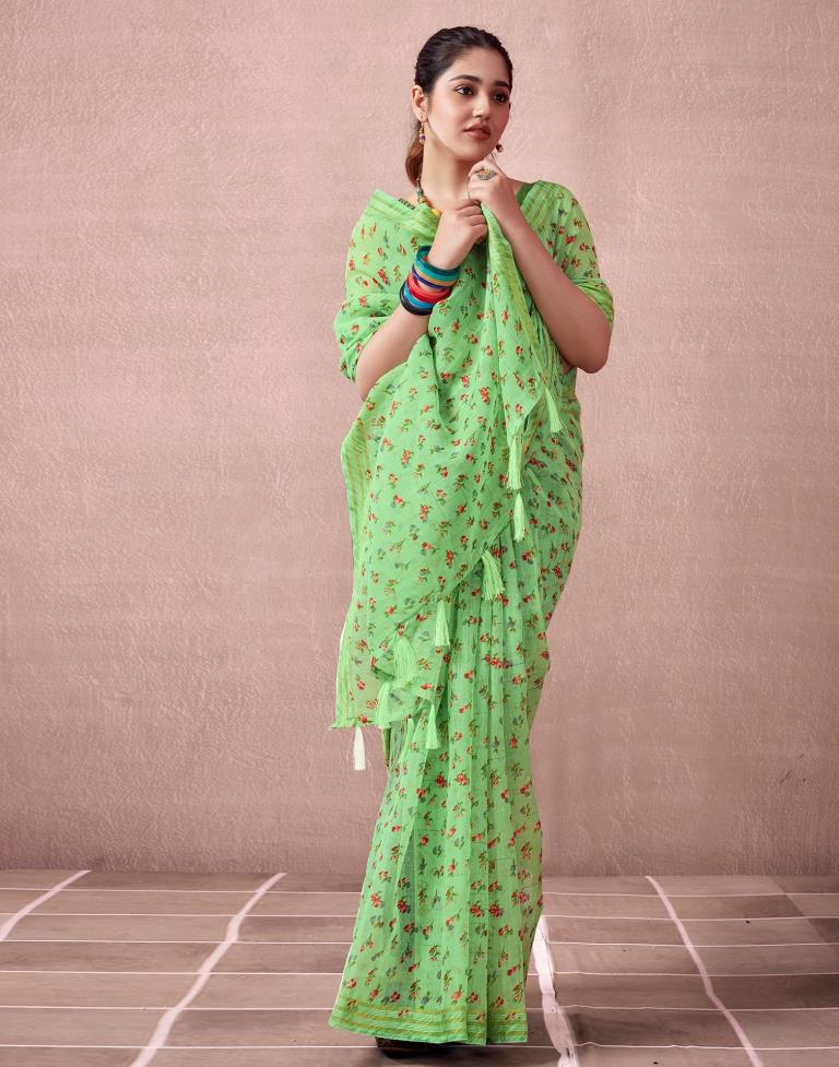 Light Green Cotton Printed  Saree