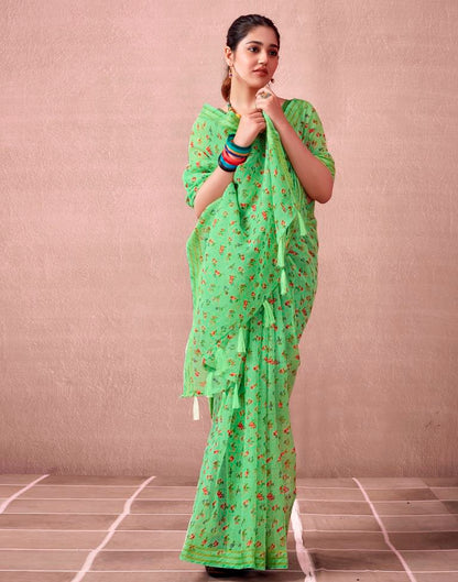 Light Green Cotton Printed  Saree