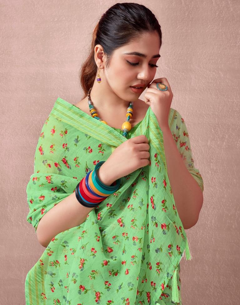 Light Green Cotton Printed  Saree