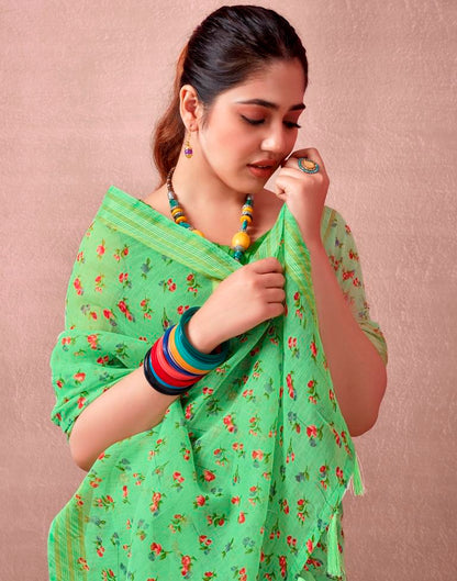 Light Green Cotton Printed  Saree