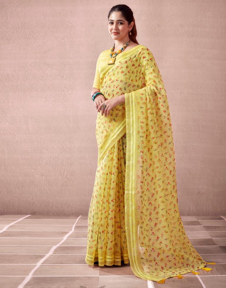 Yellow Cotton Printed  Saree