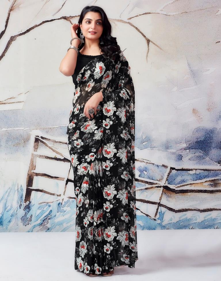 Black & Multicolour Georgette Printed  Saree