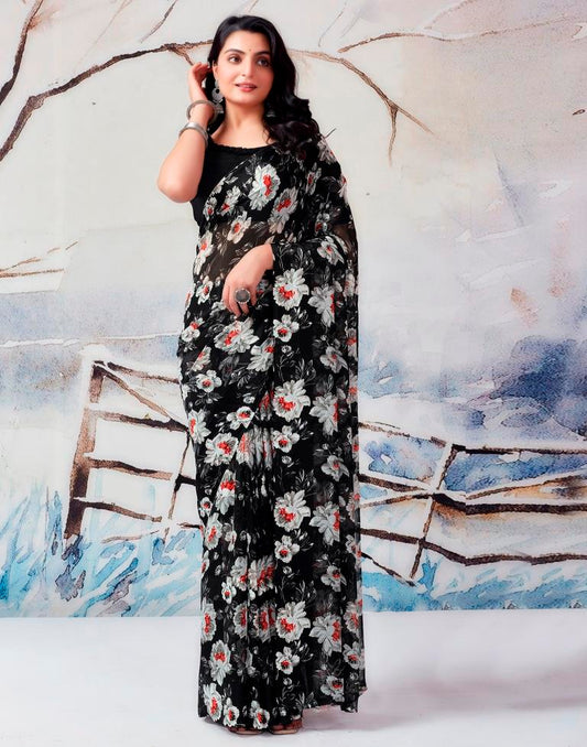 Black & Multicolour Georgette Printed  Saree