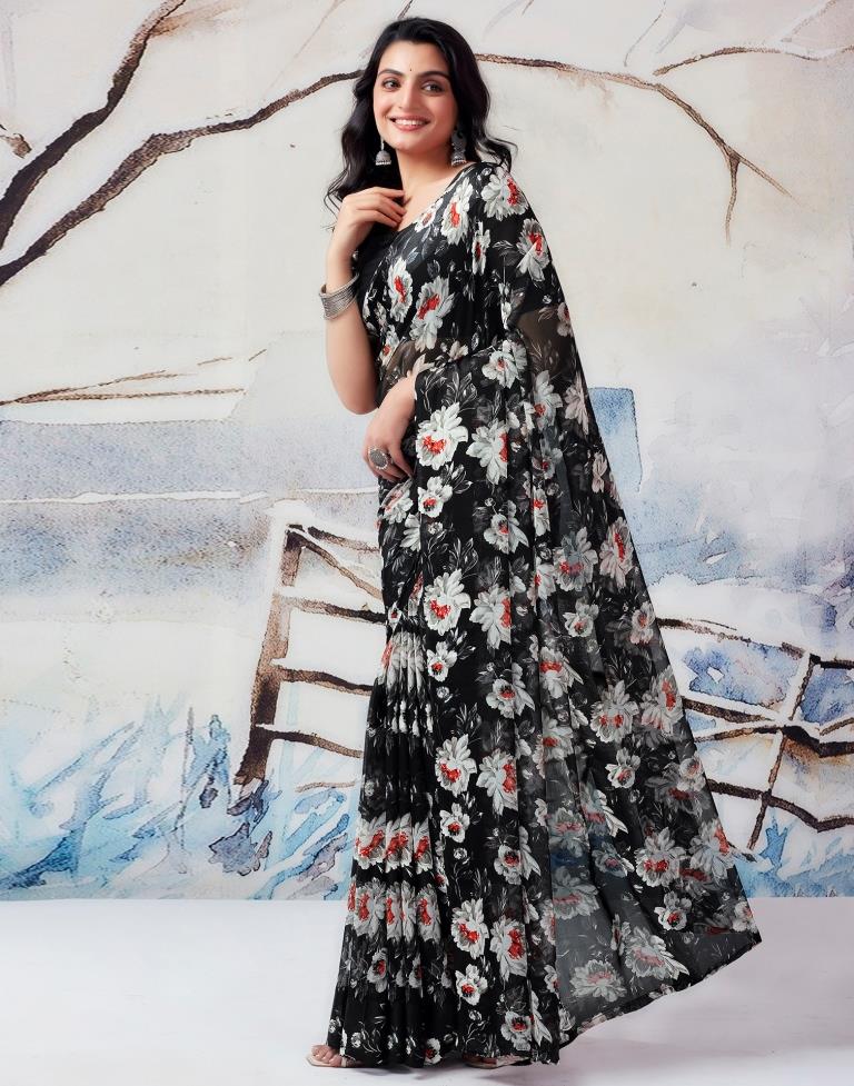 Black & Multicolour Georgette Printed  Saree