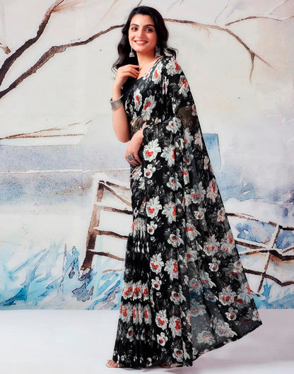 Black & Multicolour Georgette Printed  Saree