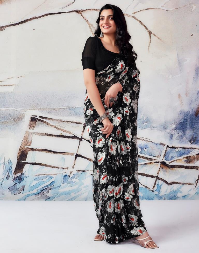 Black & Multicolour Georgette Printed  Saree