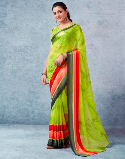 Parrot Green Georgette Printed  Saree