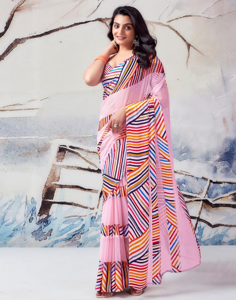 Light Pink Georgette Printed  Saree