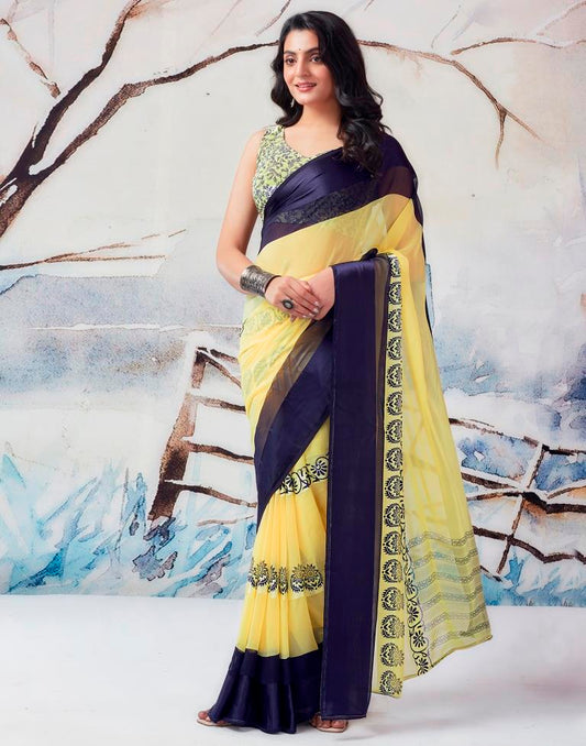 Light Yellow Georgette Printed  Saree