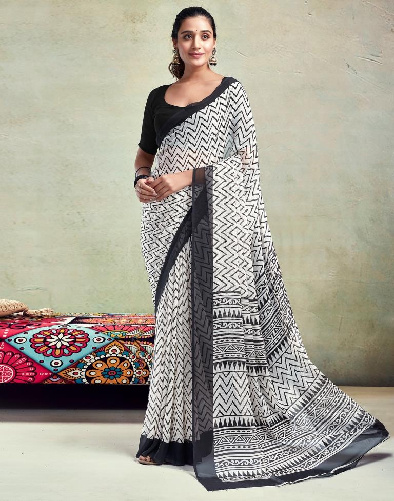 Off White Georgette Printed  Saree