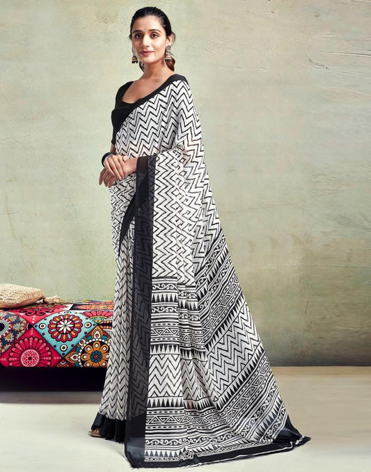 Off White Georgette Printed  Saree