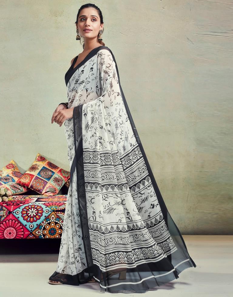 White Georgette Printed  Saree