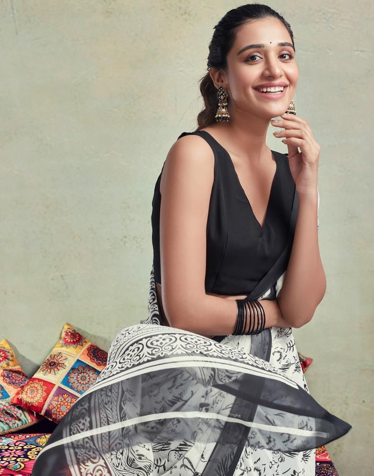 White Georgette Printed  Saree